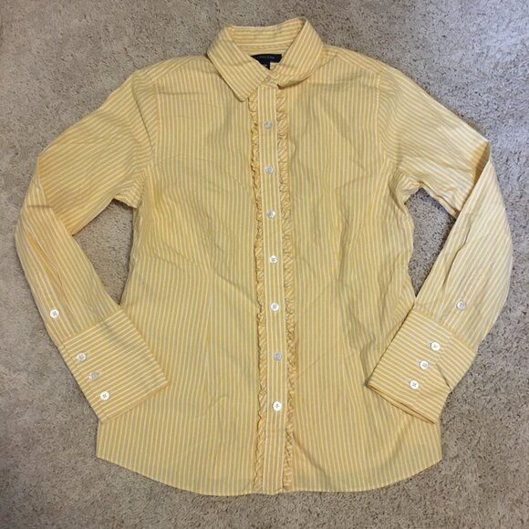 Lands' End Yellow & White Pinstripe Ruffle Trim Button Down Shirt - Picture 11 of 16